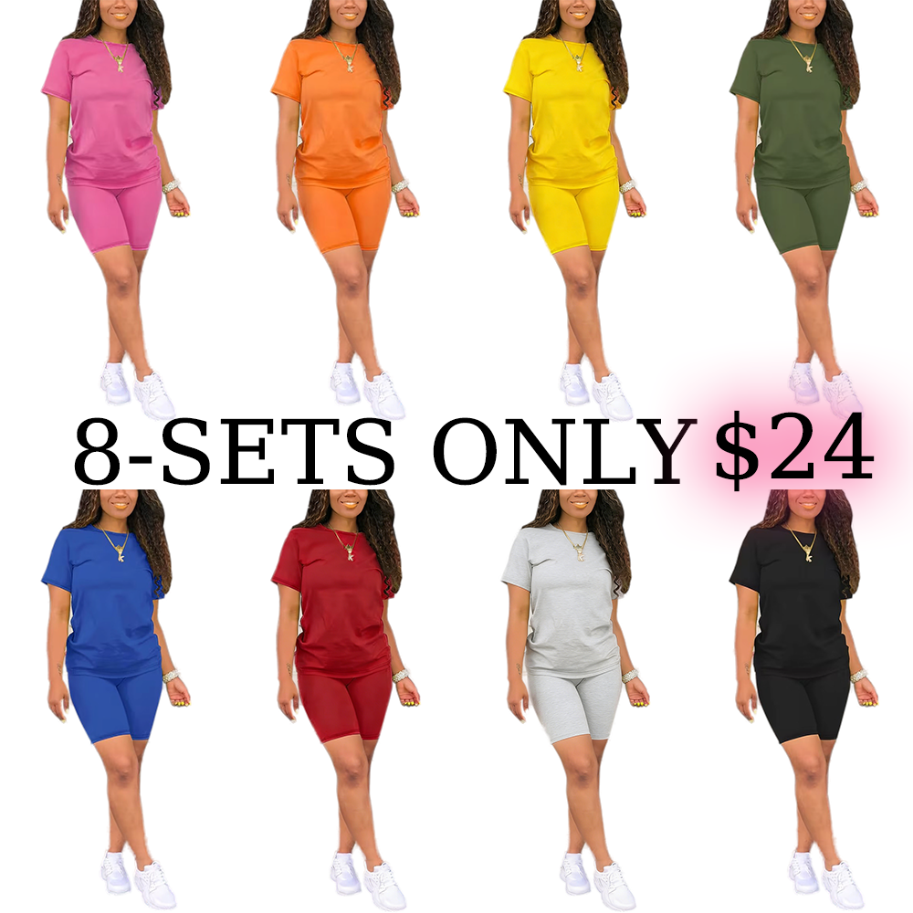 Two-Piece Set Fitted Plain Round Neck Tee & Skinny Shorts Set