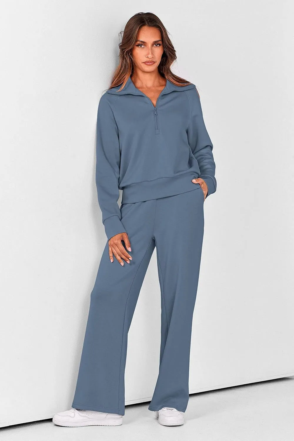 🔥Final Day Clearance!🛒Women's 2 Piece Outfits Casual Lapel Half Zip Sweatshirts And Wide Leg Pants Tracksuit Sets🔥8-PACK ONLY $28🔥
