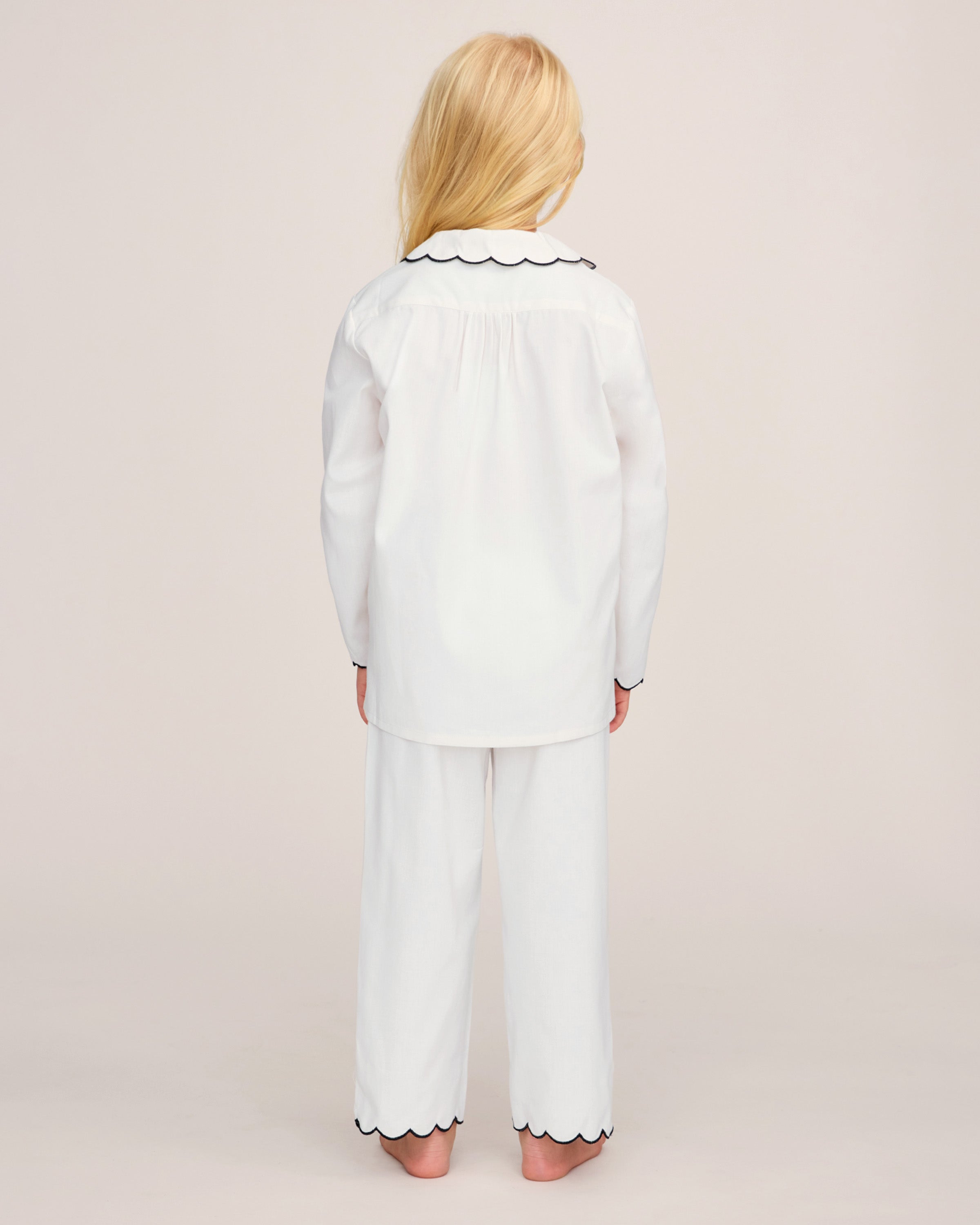 Kid's Twill Colette Pajama Set in White with Navy Piping