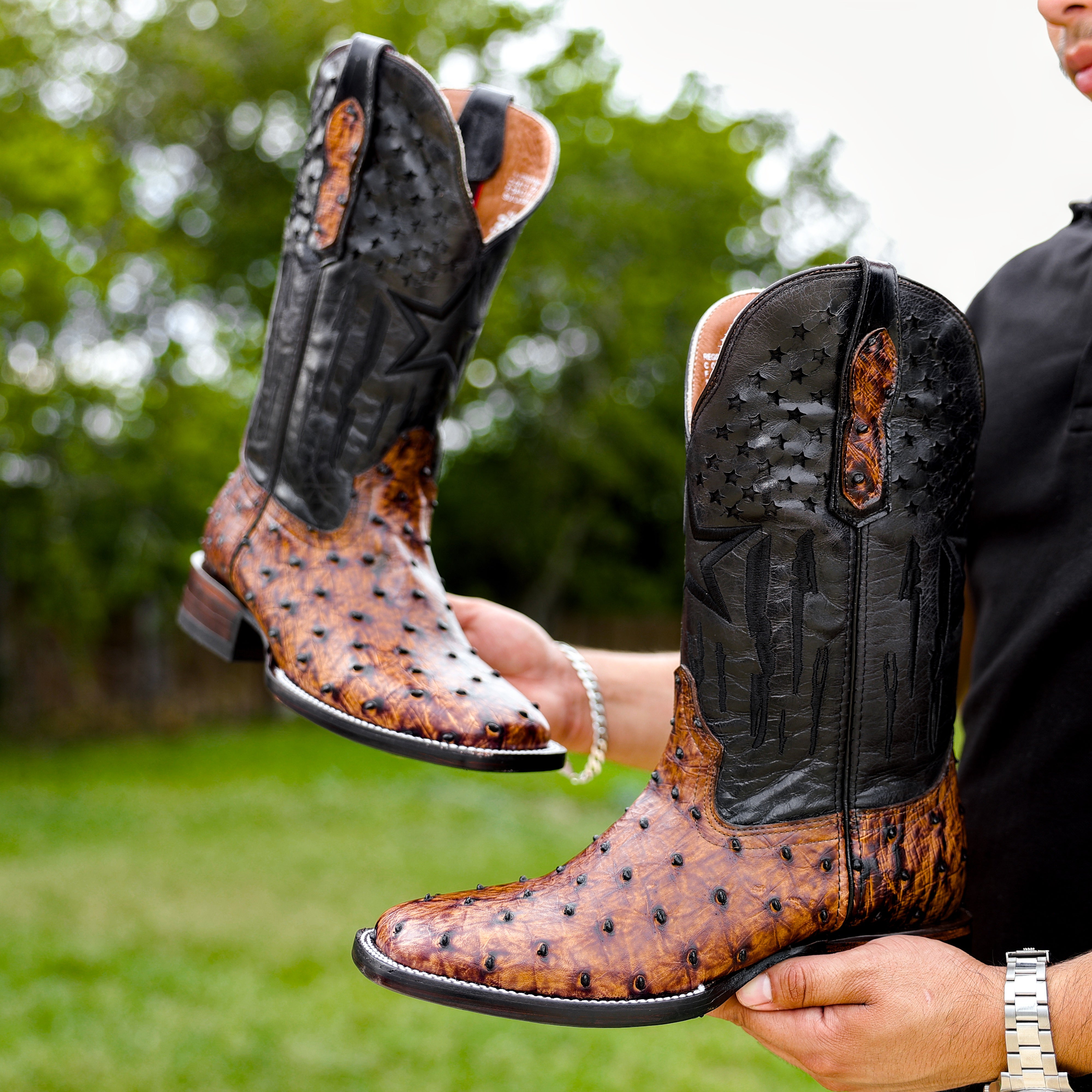 Honey Cognac Ostrich Leather Boots - Square Toe