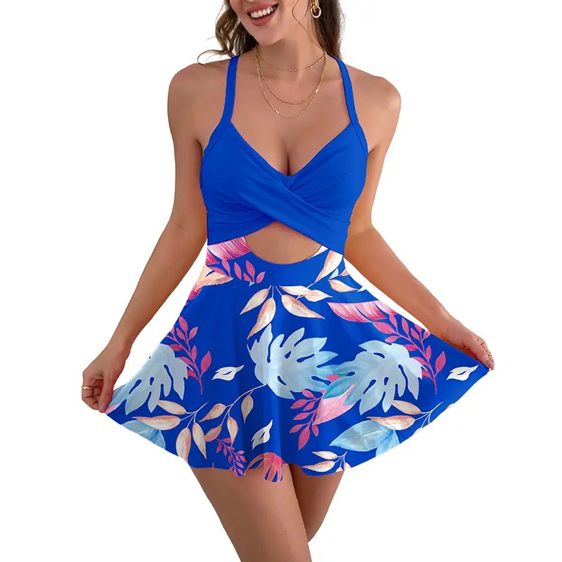 Women Cutout One Piece Skirt Swimsuit V Neck Wrap Tie Back Swimdress Tummy