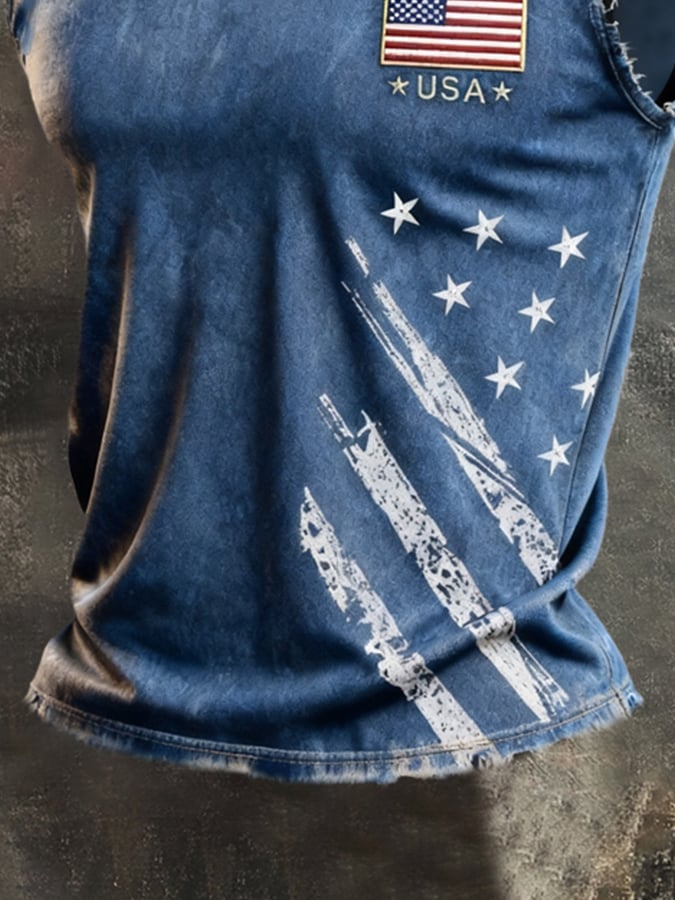 Men's Vintage Distressed Patriotic Independence Day Crew Neck Tank Top