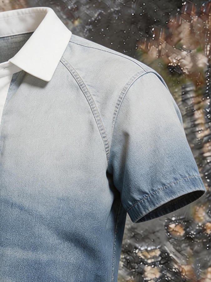 Men's Ombre Gradient Washed Denim Polo Shirt, Contrast White Rib Collar Raglan Short Sleeve Casual Streetwear Retro Pullover Top