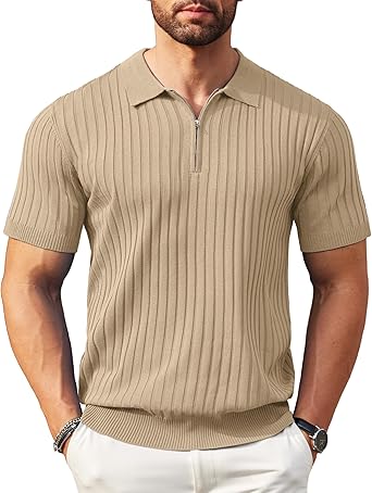 Men's Zipper Polo Shirts Short Sleeve Ribbed Knit Polo T Shirts