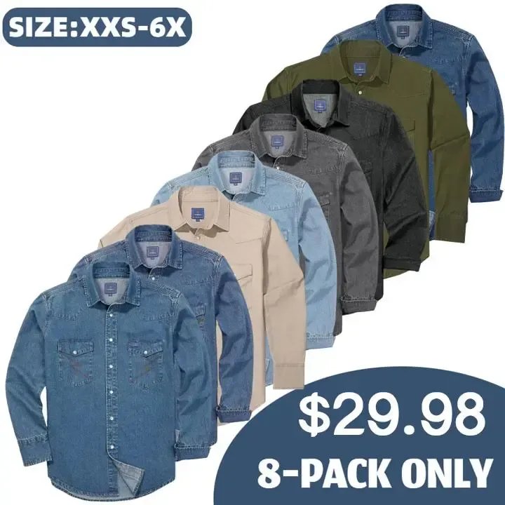 🔥🔥16-PACK-$38.8🔥Men's Long Sleeve Stone-Washed and Pre-Washed Denim Work Shirt