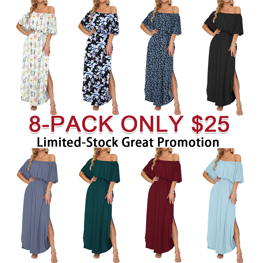 Womens Off The Shoulder Dress Wedding Guest Dress Summer Casual Long Ruffle Party Side Split Beach Maxi Dresses with Pockets