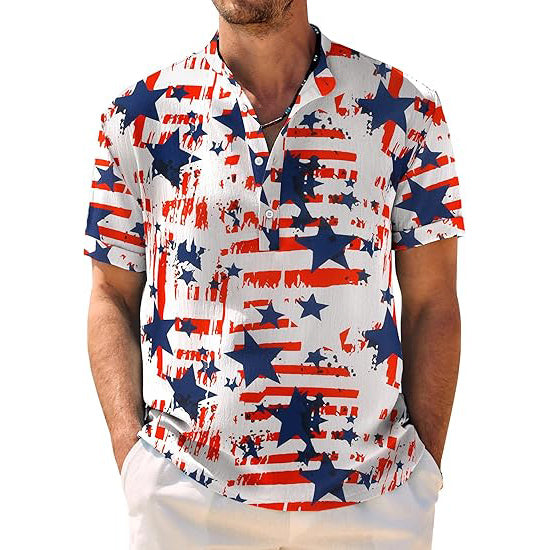 Men's Casual Henley Shirt Band Collar Short Sleeve Shirt Summer Beach Hippie T-Shirt