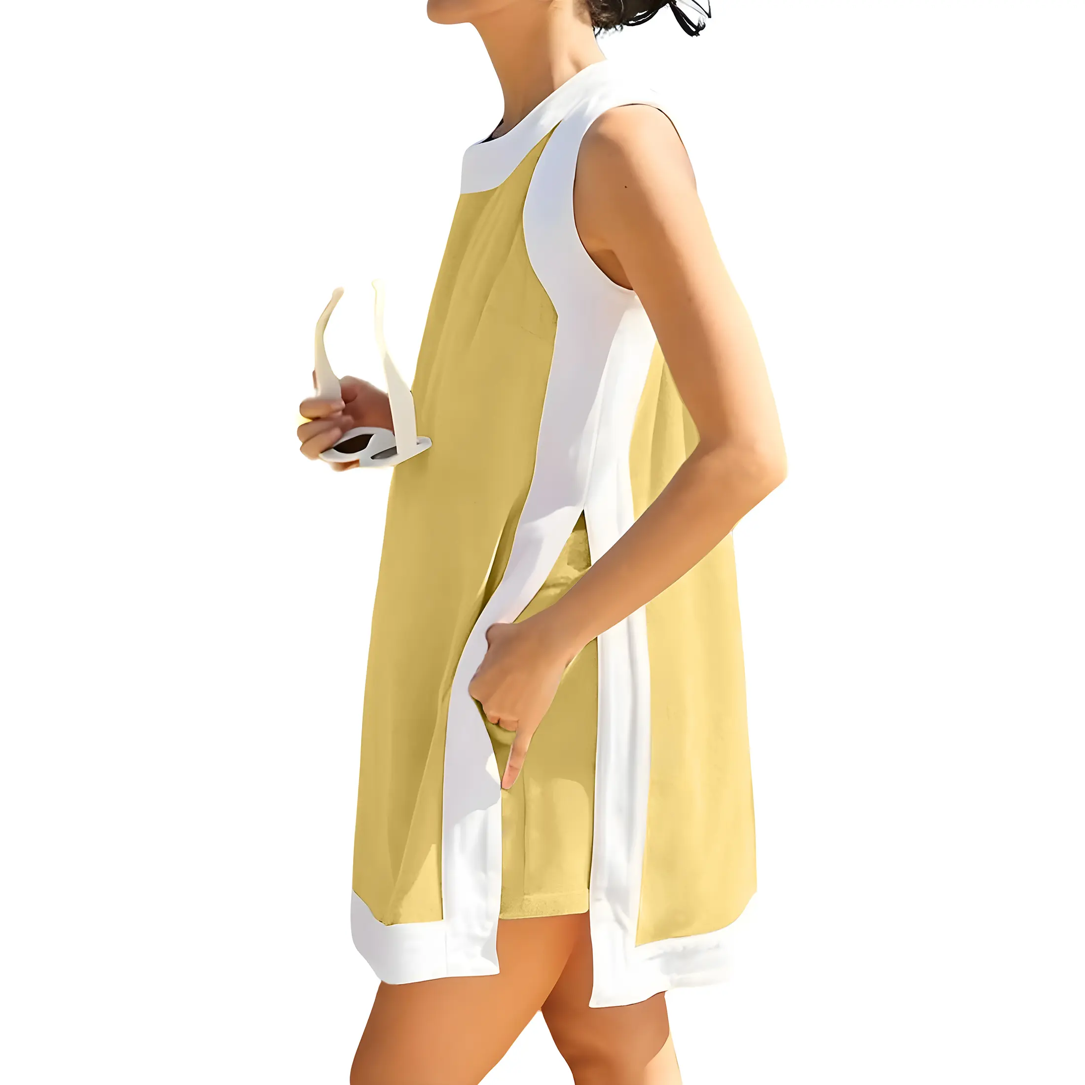 Women's Casual Two Piece Sets Color Block Crewneck Sleeveless Pullover Tops Matching Shorts With Pockets