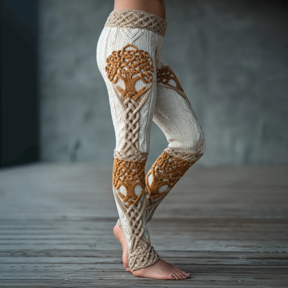 Vintage Viking Tree Of Life Celtic Knot Art Knit Jacquard Cozy Leggings