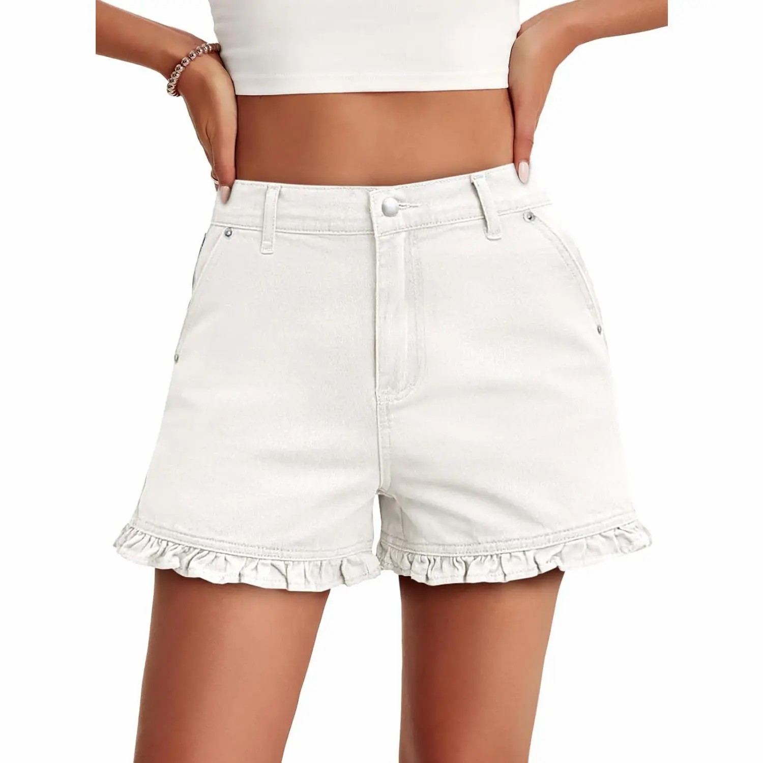Women's High Waisted Ruffle Denim Shorts – Cute Cotton Summer Jeans with Pockets