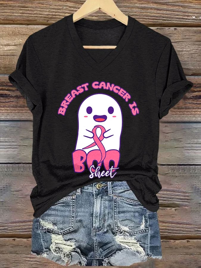 V-neck Retro Breast Cancer Awareness Breast Cancer Is Boo Sheet Halloween Ghost Print T-Shirt