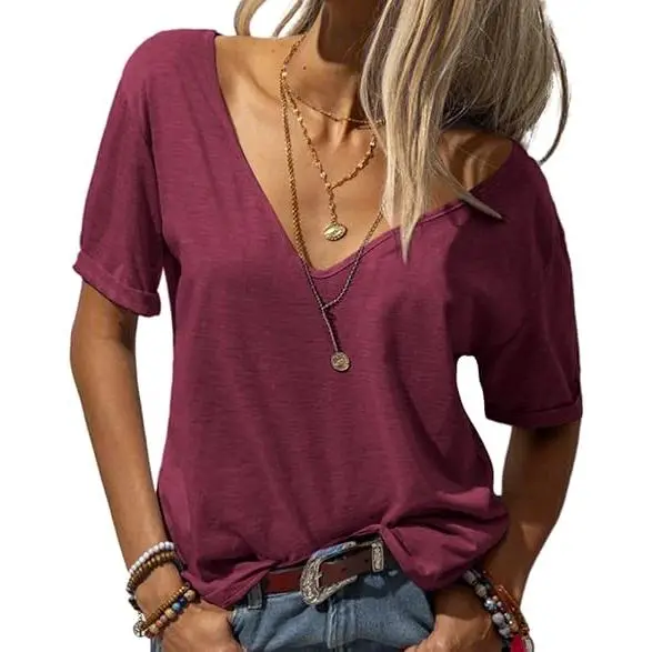 Women's Fashion Deep V-Neck Short Sleeve Tops Solid Casual Loose Basic T Shirt