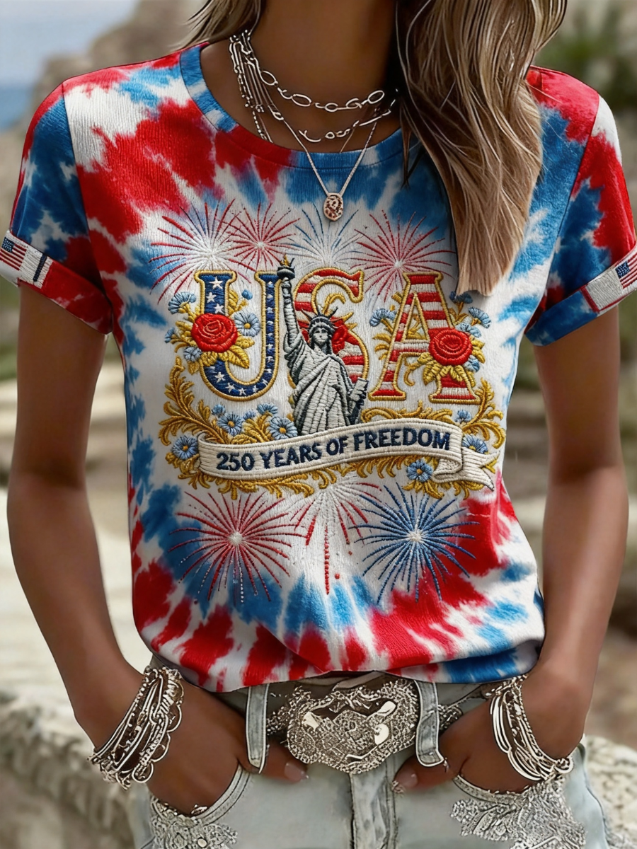 Women'S American Independence Day 250Th Anniversary Printed Round Neck Short Sleeve T-Shirt