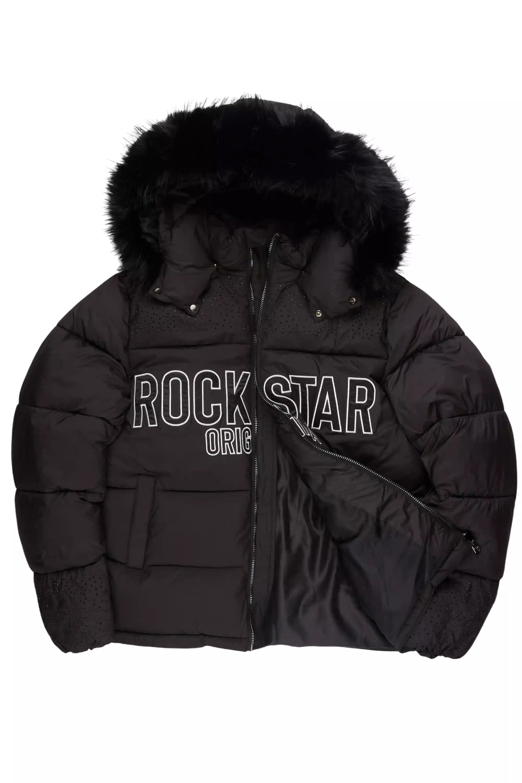 Natia Black Oversized Rhinestone Puffer Jacket