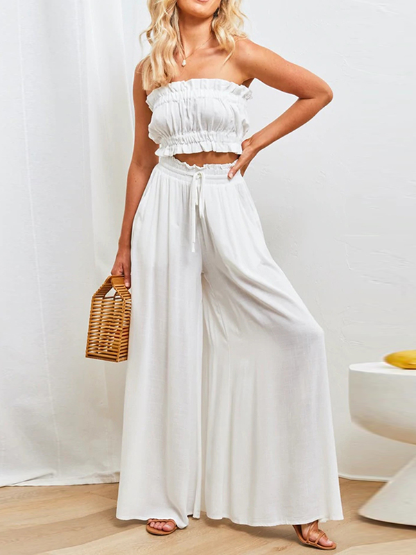 Drawstring Elasticity Pleated Pockets Solid Color High Waisted Loose Trousers Pants