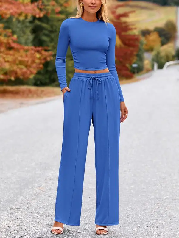 Ribbed Knit Long Sleeve Crop Top Wide Leg Pants