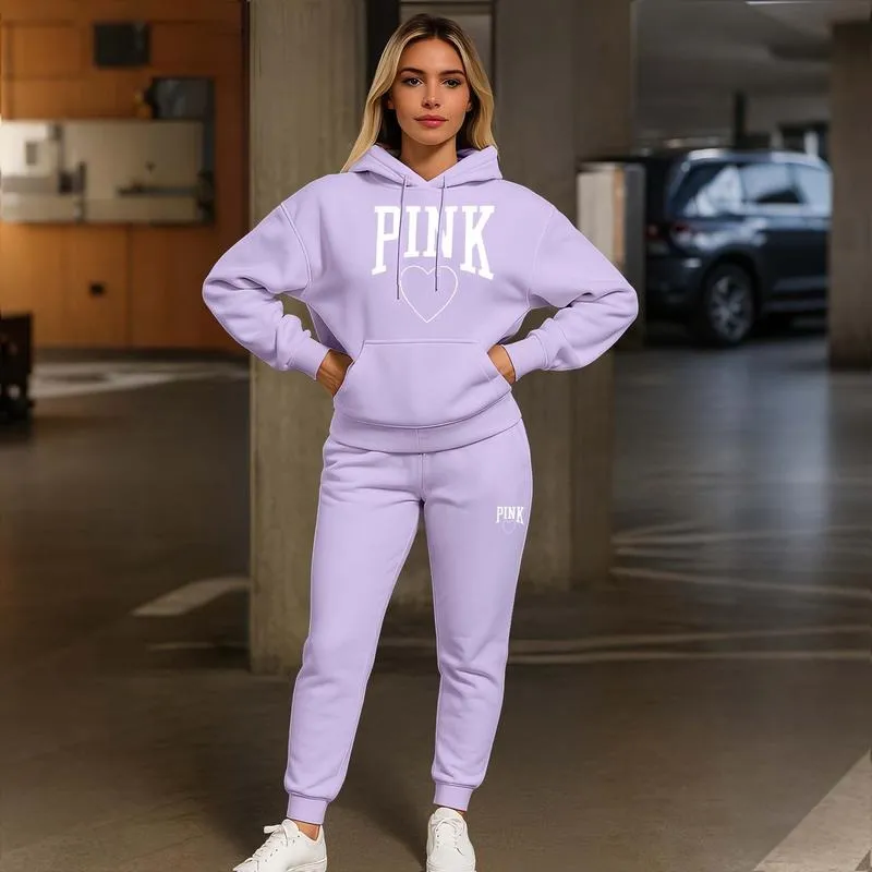 Women's Pink Heart Print Hair And Sunglasses Hoodie And Drawstring Track Pants Set
