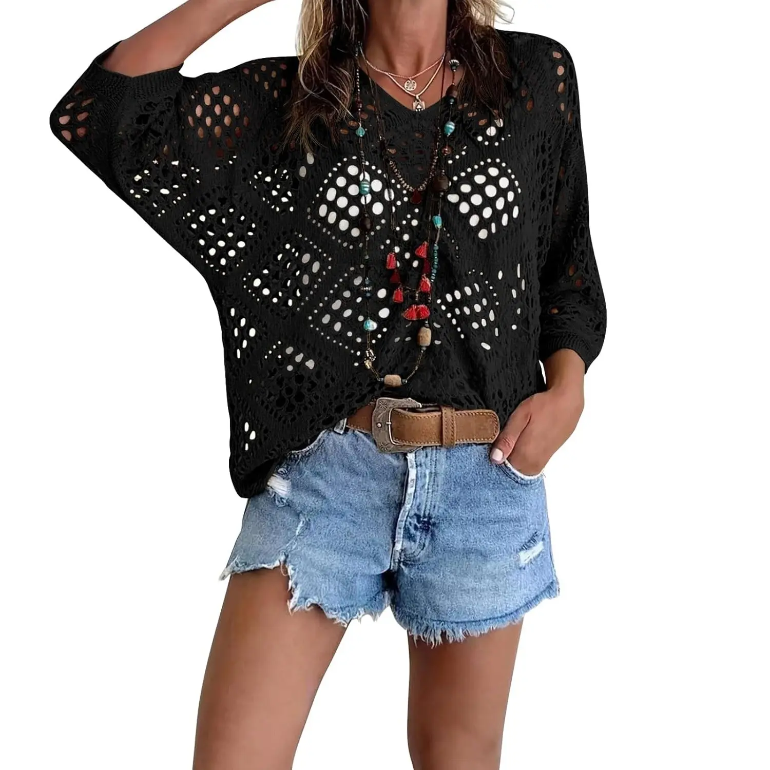 Women's Bohemian-Inspired Beige Crochet Top with V-Neck