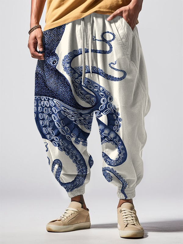 Men's Japanese Art Octopus Graphic Print Casual Loose Drawstring Waist Sweatpants
