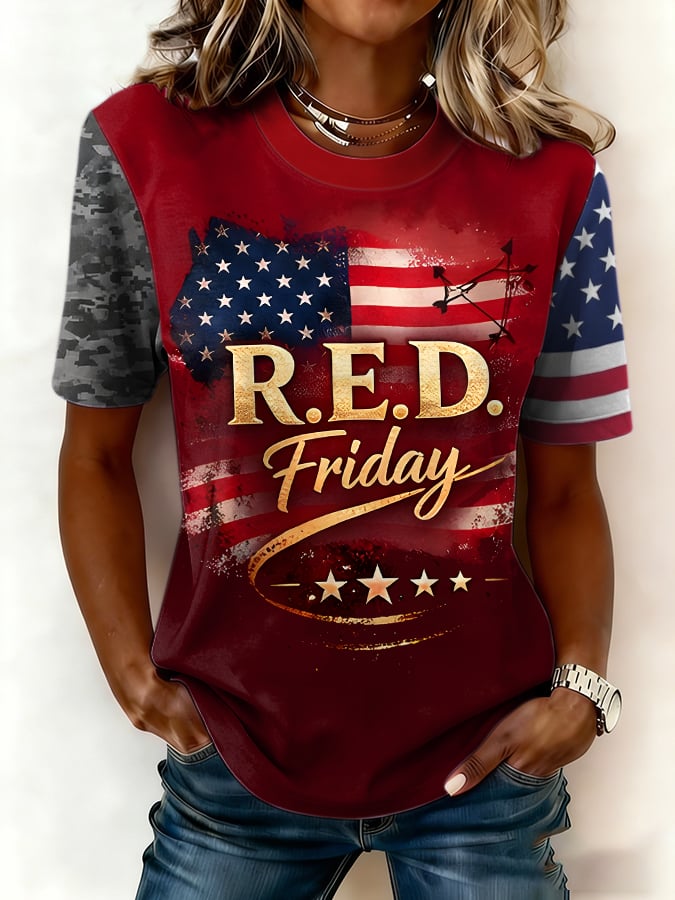 Women's Casual Red Friday Print Short-Sleeve T-Shirt
