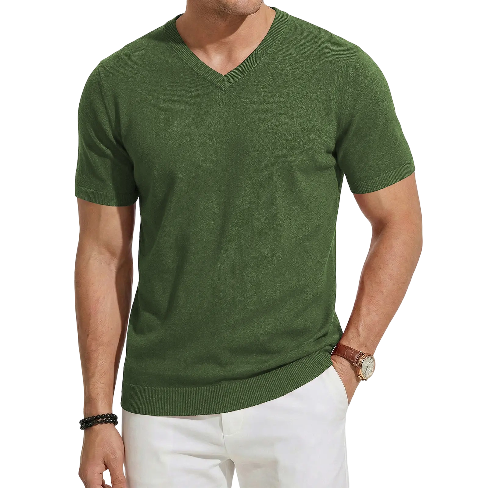 Men's Wool Blend Short Sleeve V-Neck Sweater Soft Textured Knit Pullover for Business Casual Wear