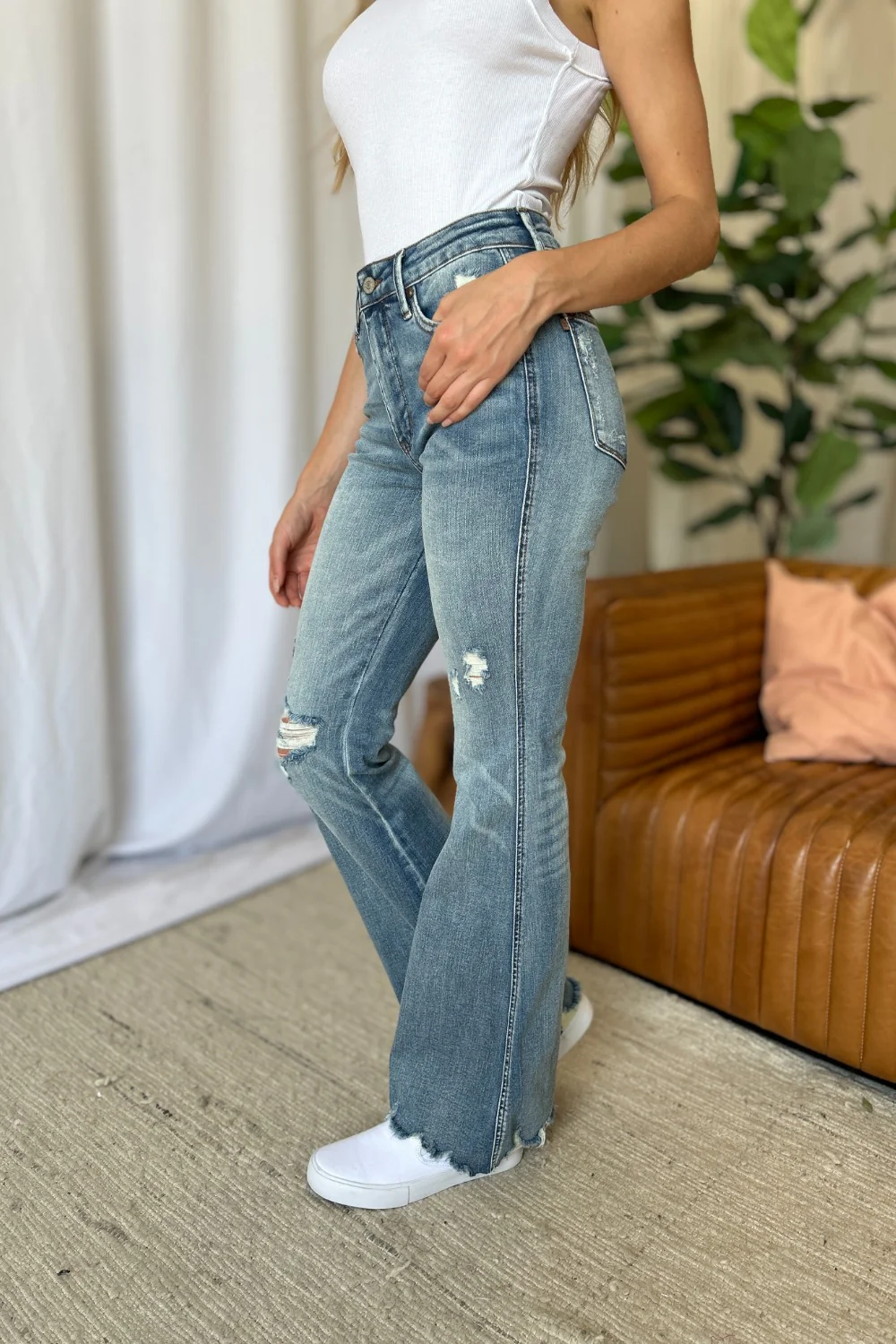 Blue Full Size Medium Rise Tummy Control Destroy Flare