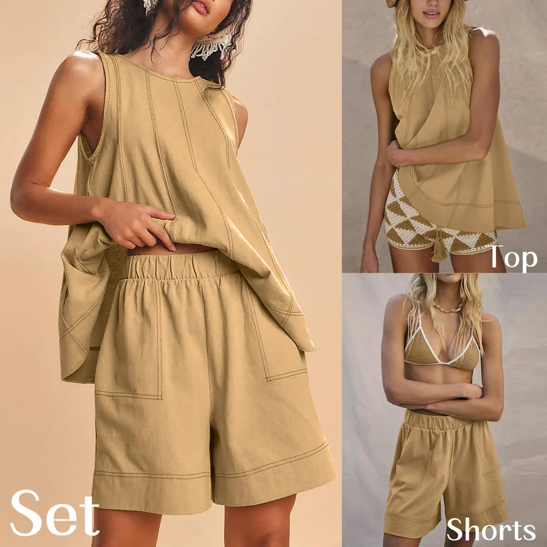 Women's Cotton Two Piece Outfit - A-Line Tank & High-Waist Shorts