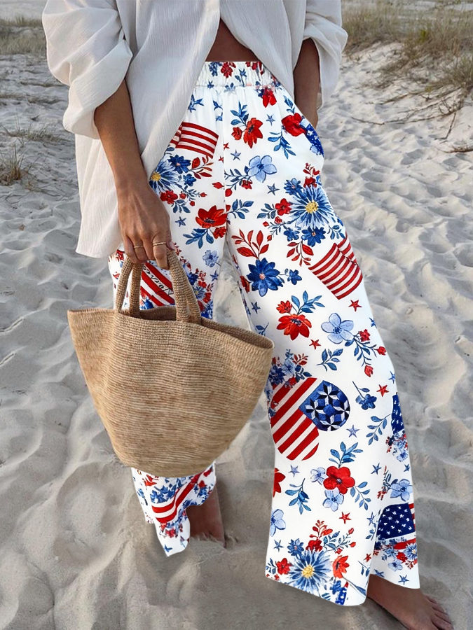 Women'S Patriotic Flower Independence Day Commemorative Printed Elastic Waist Loose Pocket Casual Pants