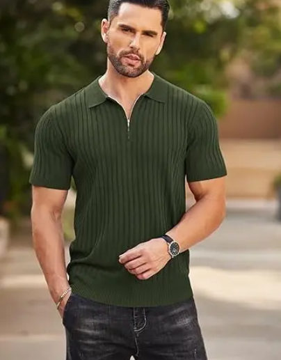 New York Fashion Week Men's Zipper Polo Shirts Short Sleeve Ribbed Knit Polo