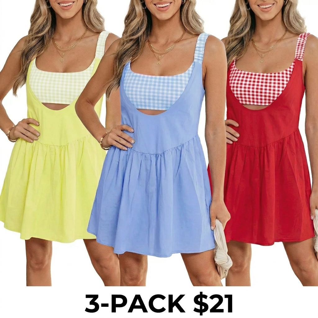 Women's Gingham Contrast Mini Dress – Sleeveless Open Back Loose Fit Summer Beach Vacation Dress