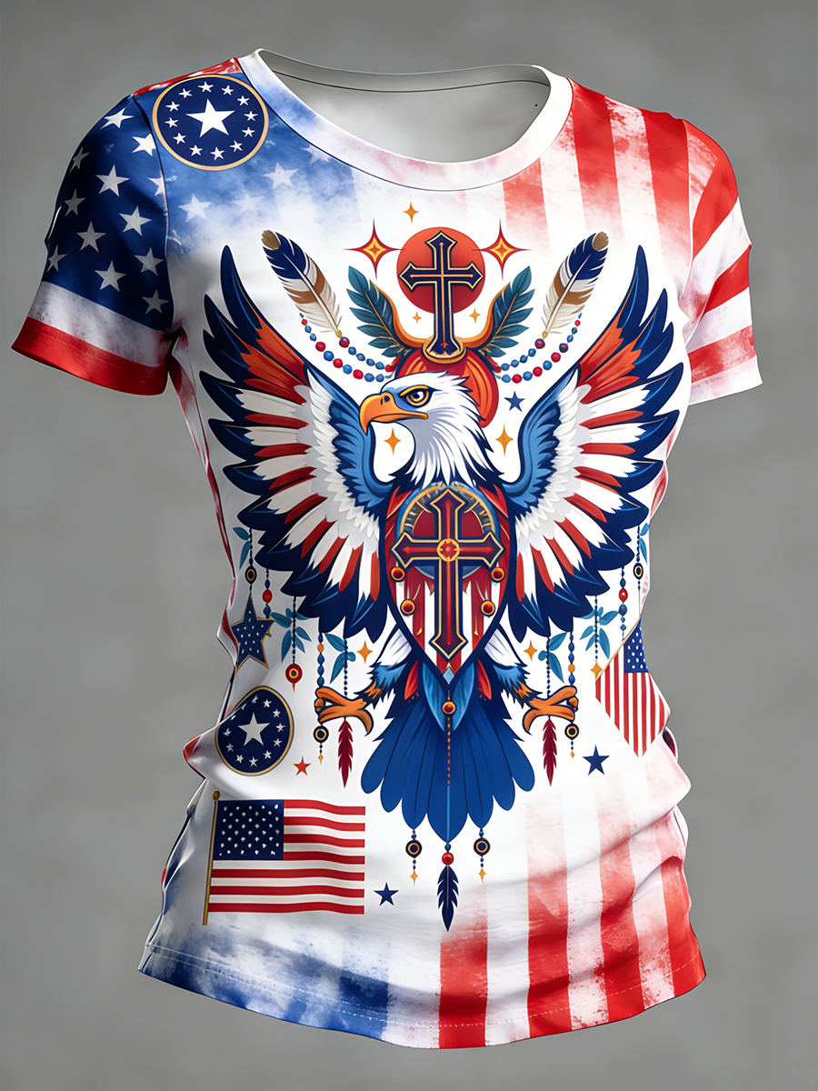 Women's Patriotic Bald Eagle & Cross American Flag Tie Dye Print T-Shirt