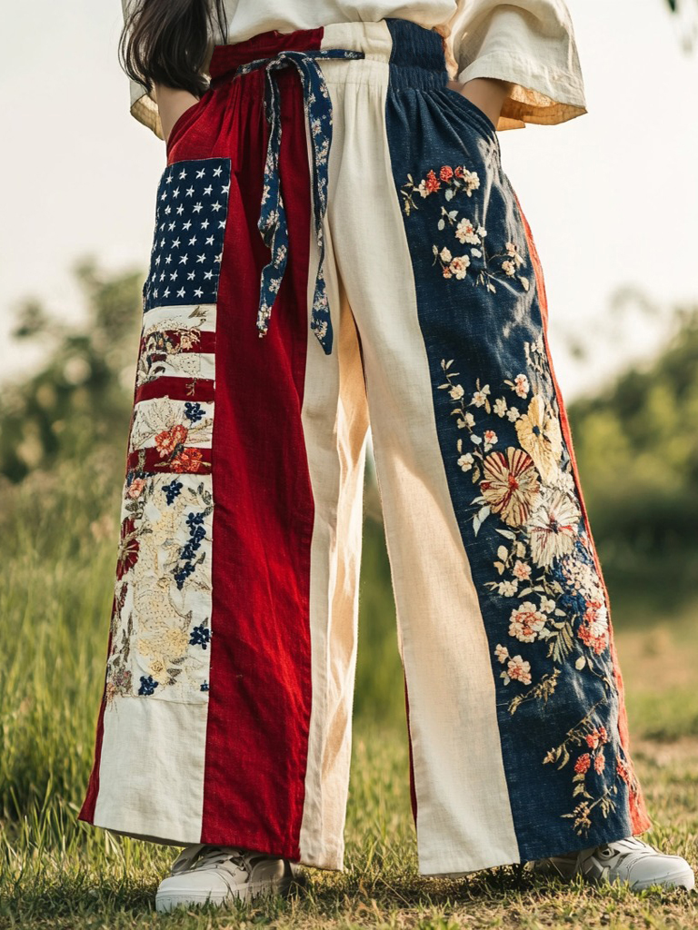Women's American Flag Floral Patchwork Print Casual Pants