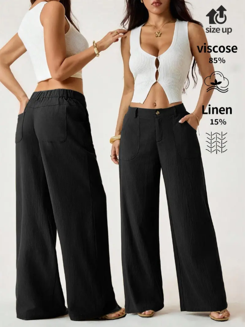 Women's Classical Chic Linen Palazzo Pants Summer Flowy Loose Wide Straight Leg Beach Trousers