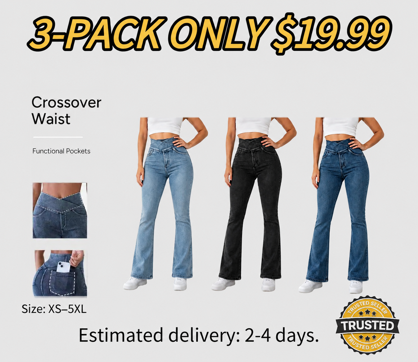 Women's High-Waisted Stretch Jeans with Crossover Design — Slim-Fit Flared Denim Leggings