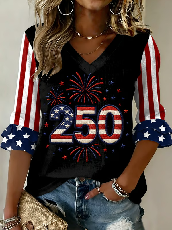 Ladies' Casual 250Th Anniversary Of The Founding Of The United States Printed V-Neck Half Blood T-Shirt