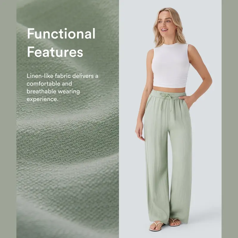 [Creator's Pick] High-Waisted, Drawstring, Pocketed, Wide-Leg Casual Trousers (Faux Linen)