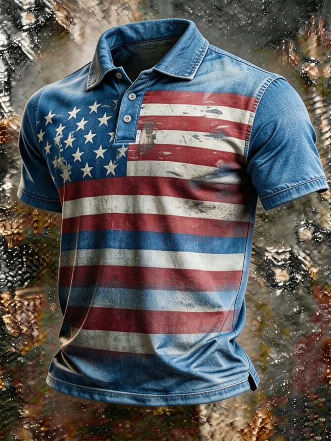 Men's Vintage American Flag Print Washed Denim Polo Shirt, Slim Fit Patriotic Western Style Short Sleeve Top