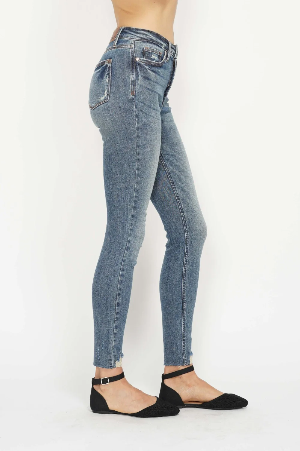 Blue Full Size Tummy Control Vintage Wash Hem Destroy Skinny Jeans