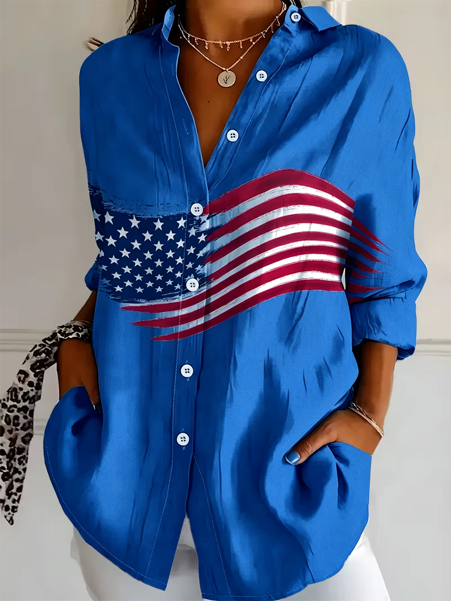 Shirt Collar Regular Sleeve Long Sleeve America Flag Buckle Regular Loose Button Up Shirt Shirt For Women