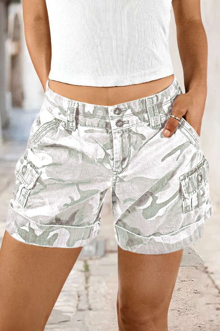 Mother's Day Sale💕Camo Print Roll Hem Flap Pocket Mid Rise Shorts