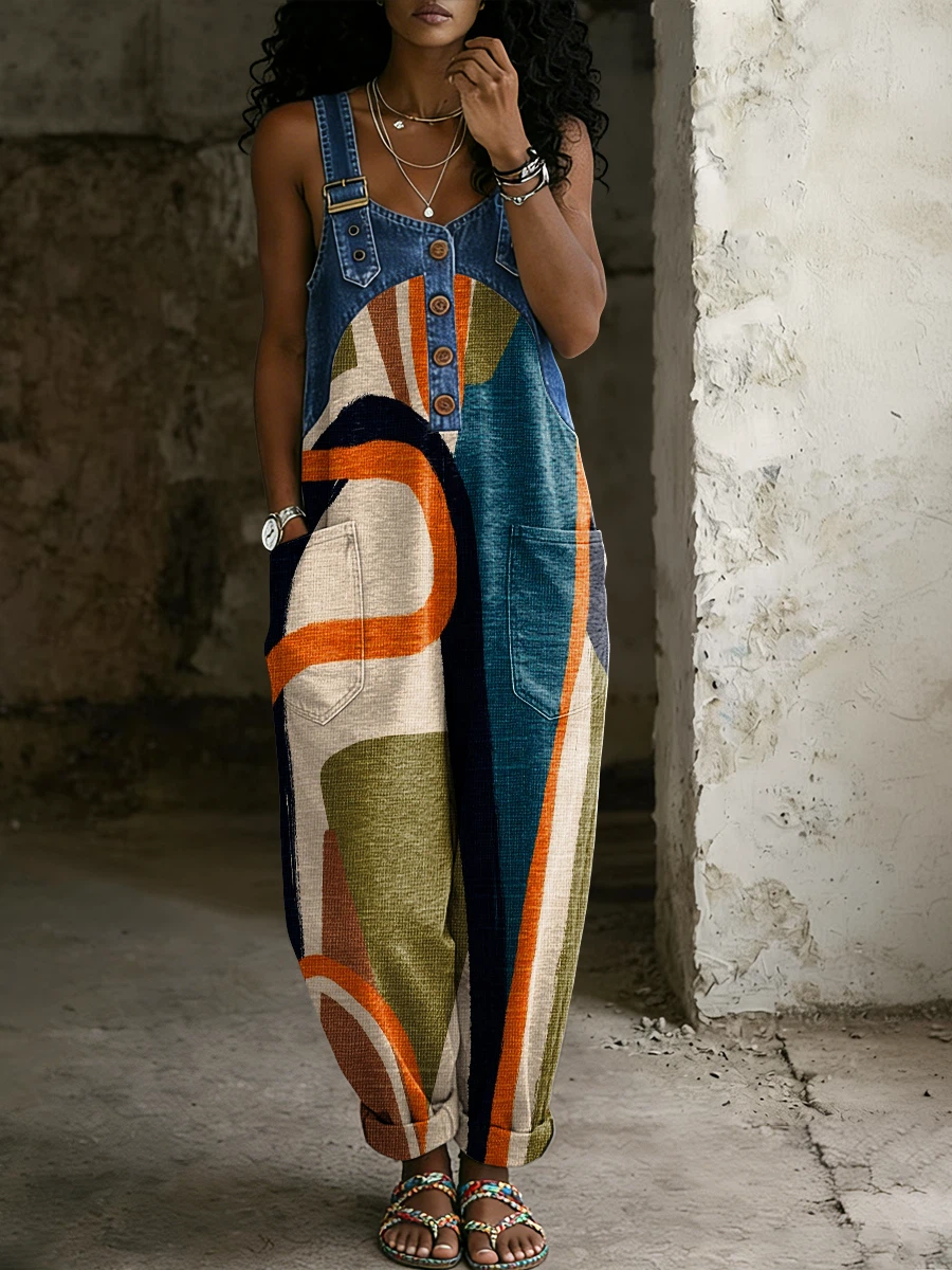 Women’s Fashionable Abstract Stripes Print Casual Denim Denim Patchwork Jumpsuit