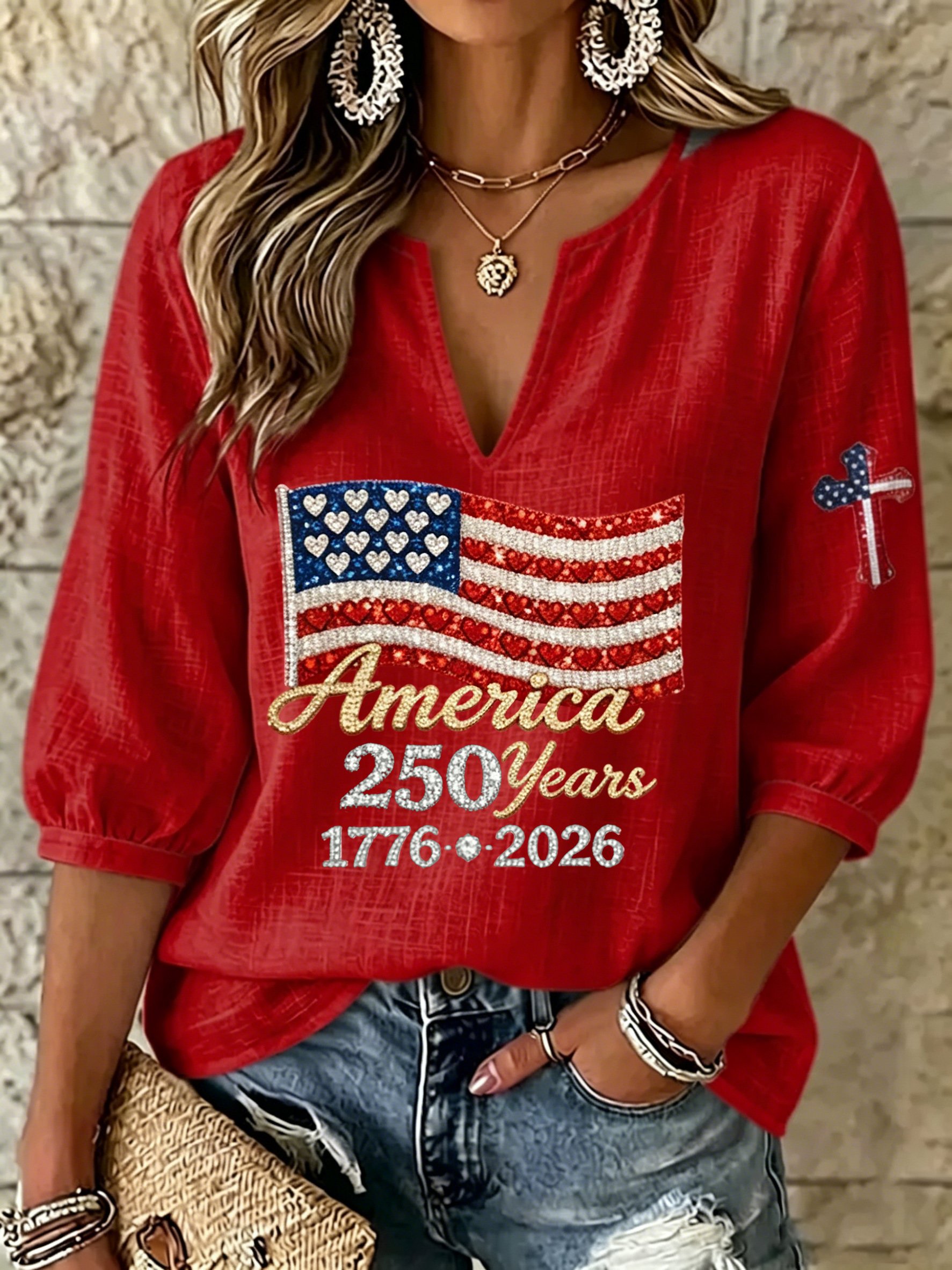 Women's U.S. 250th Anniversary Print V-Neck Top