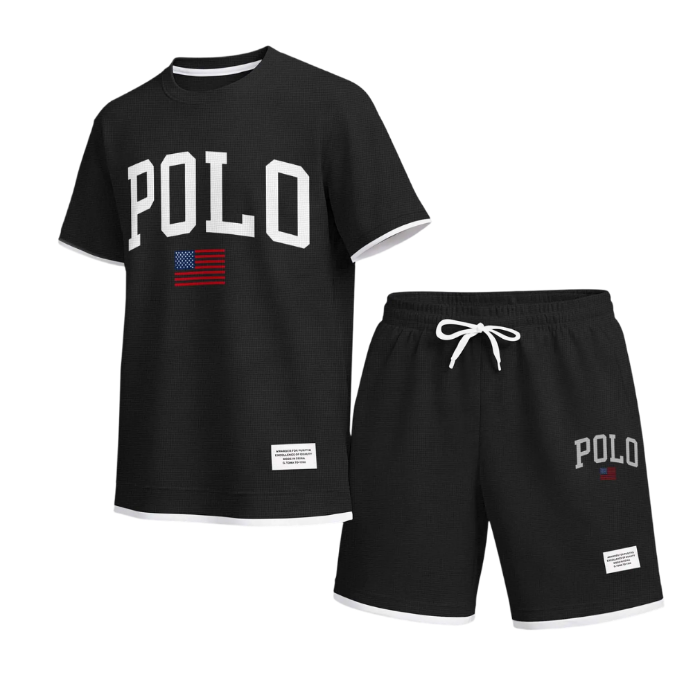 Men's Polo Print Drawstring Shorts Set