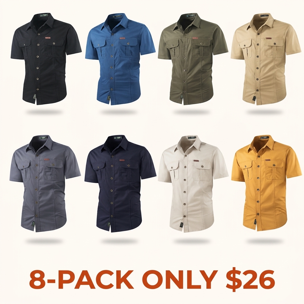 Lightweight, multi-pocket short-sleeve utility shirt for summer outdoor leisure.