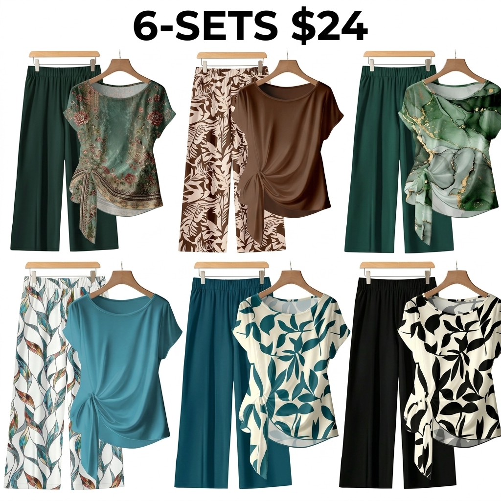 Women's Casual Printed Necktie Shirt and Loose Straight Pants Set