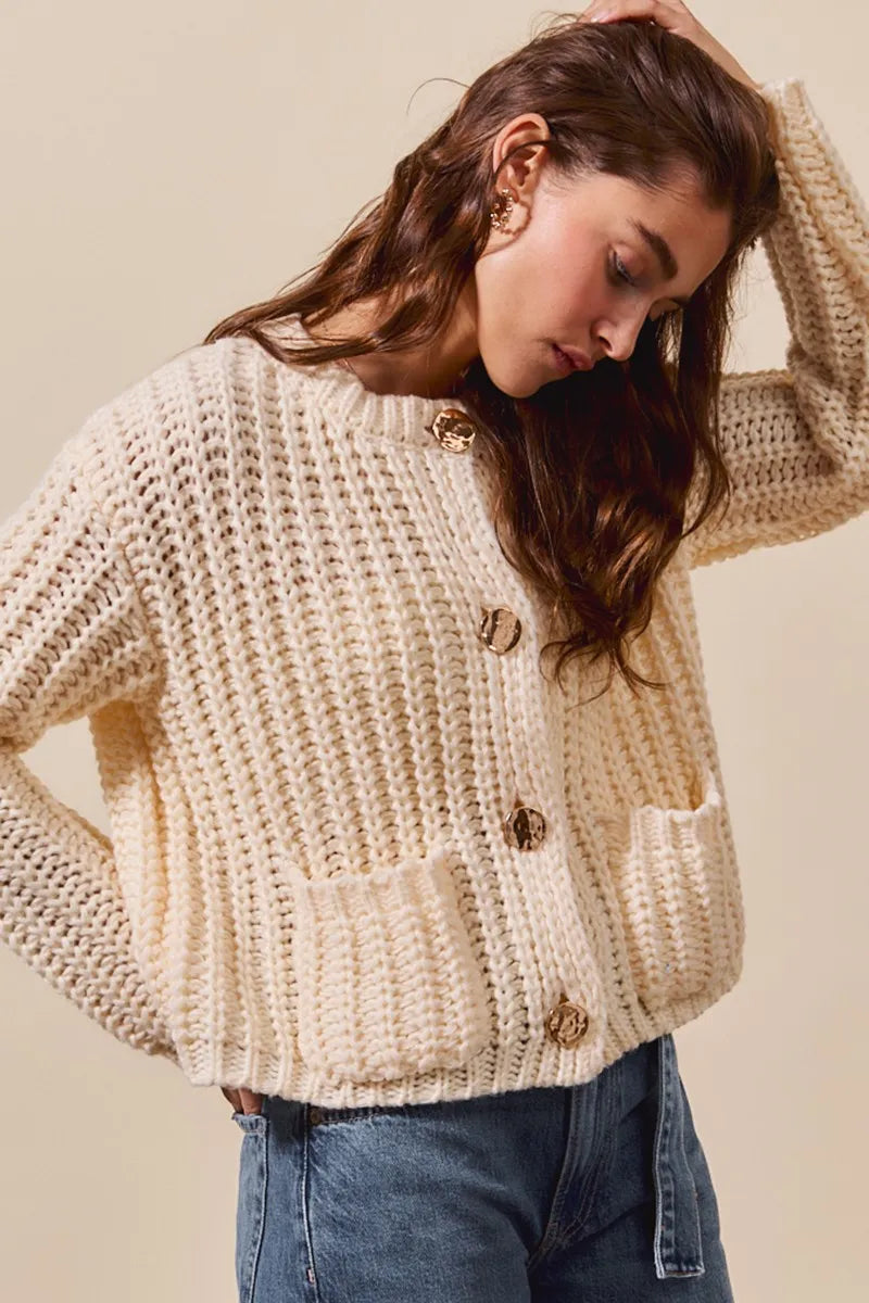 Metal Button Long Sleeve Chunky Sweater Cardigan