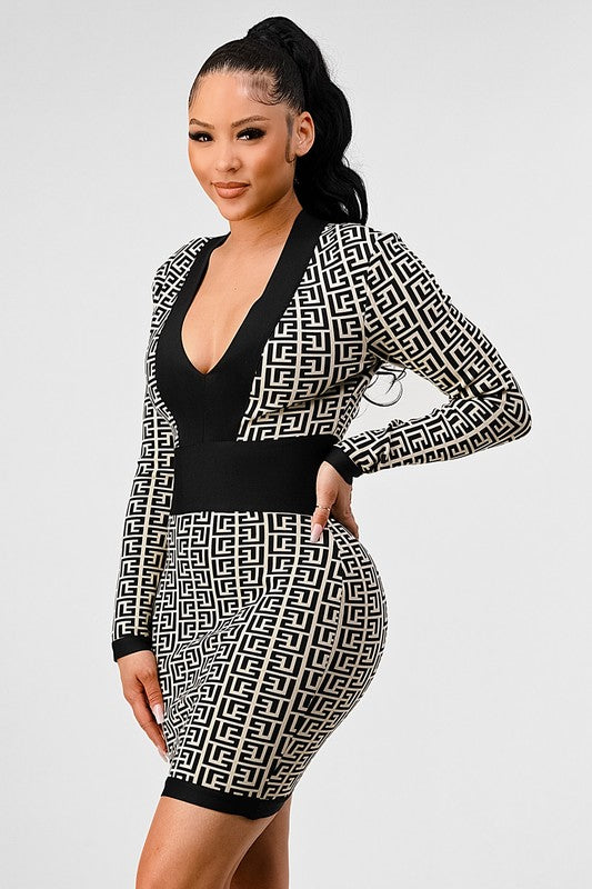 Nina's Black & White Print Bandage Mini Dress