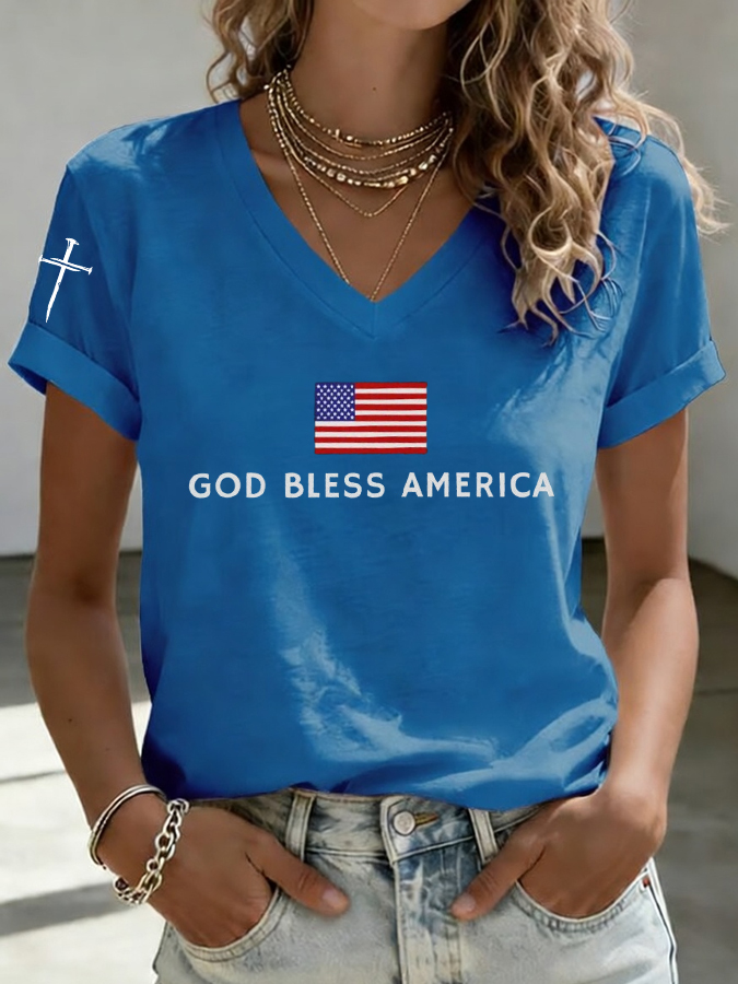 Women's God Bless America Print Casual T-Shirt