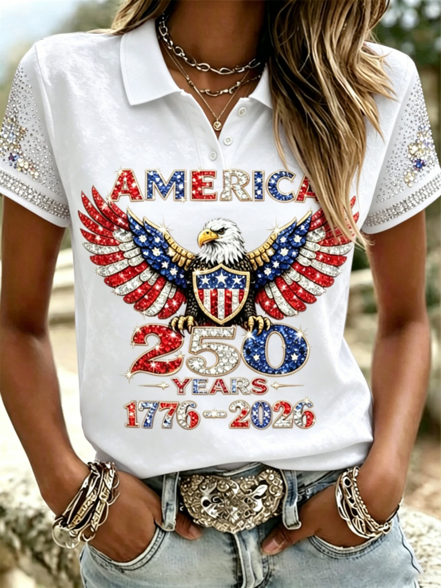 American 250th Anniversary Rhinestone Design Women's Polo Shirt