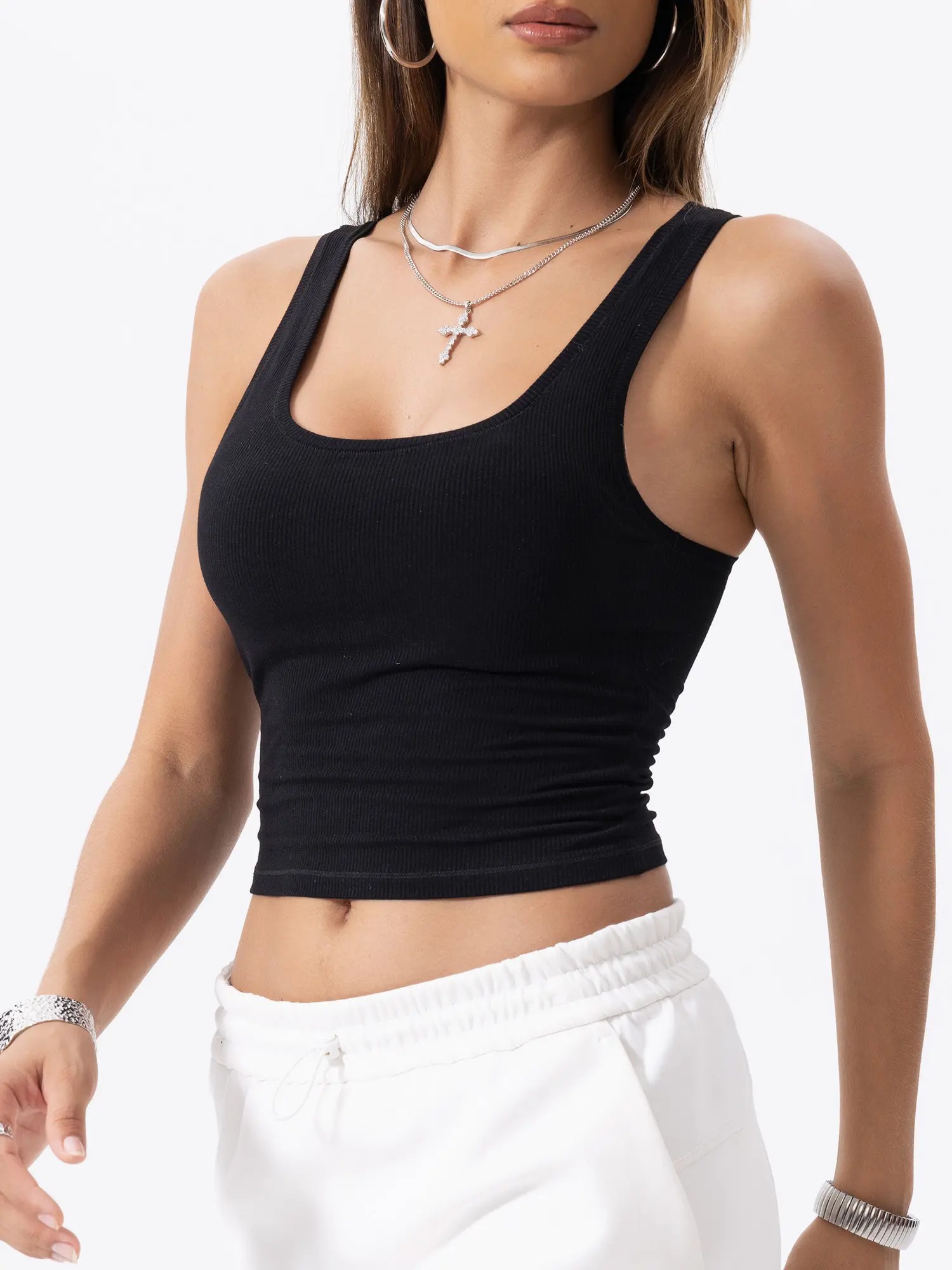 Women Rib Tank Top Padded Workout Top Square Neck Crop Tank Fitted Basic Cami Tops